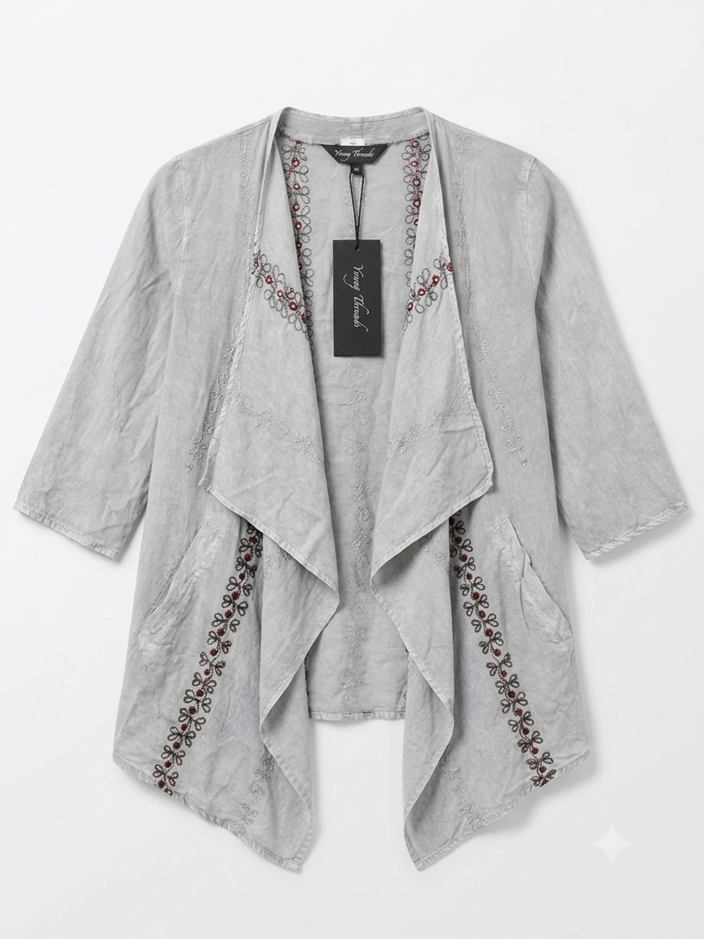 NWT Young Threads Boho Embroidered Draped Kimono Cardigan Jacket Medium Gray